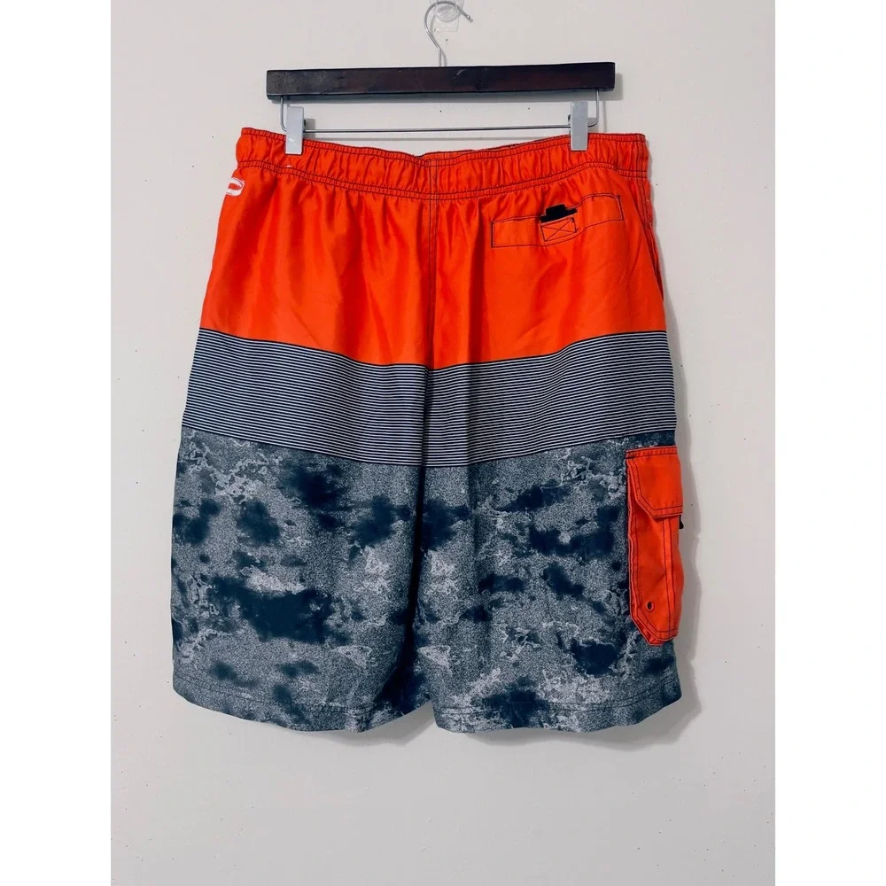 O'Rageous Mens Swim Trunks XL Orange Striped Cargo Board‎ Shorts Mesh Lined